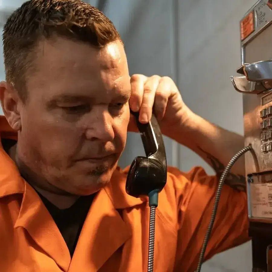 A man in an orange jail jumpsuit talks on a jail pay phone